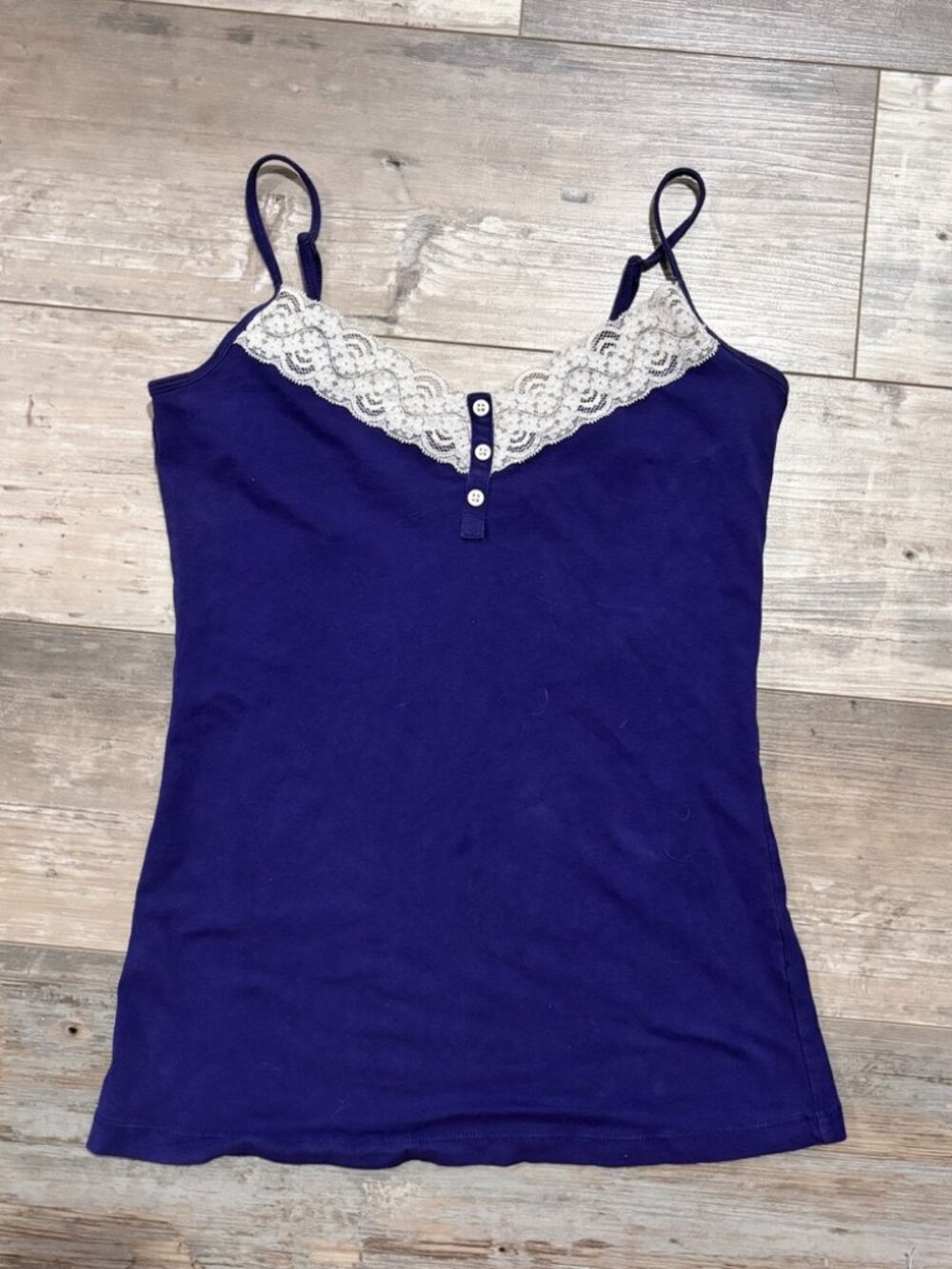 Old Navy Navy Lace Trim Cami Small Blue Spaghetti Strap Tank Top Fitted